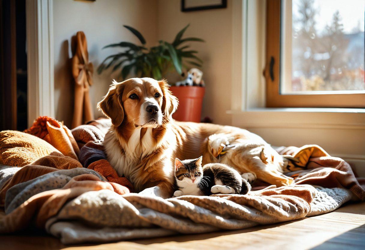 A cozy living room scene featuring a dog and a cat curled up together on a soft blanket, surrounded by pet toys and a warm, inviting atmosphere. Include a delighted human figure gently petting them, with sunlight streaming in through a window. Capture the warmth of companionship and love between pets and their owner. super-realistic. warm colors. soft texture.