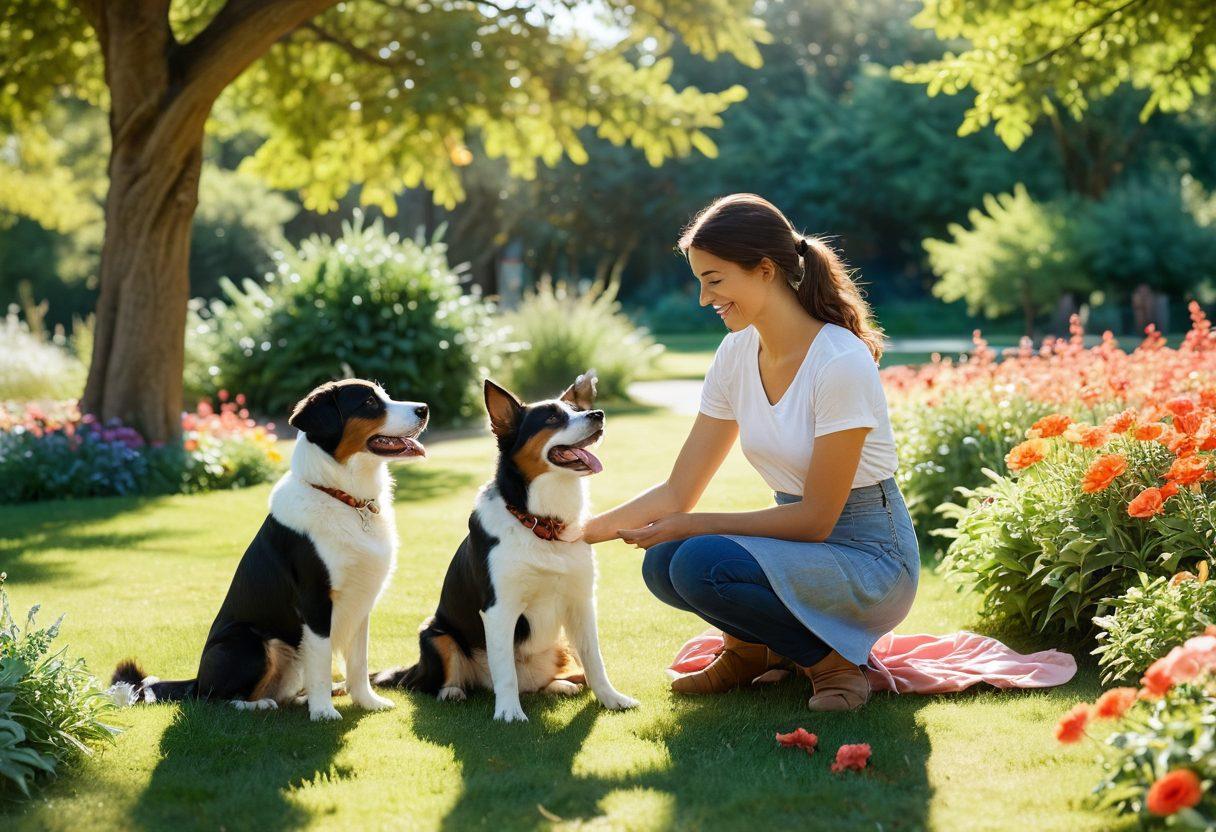 A heartwarming scene depicting a person joyfully playing with their dog in a sun-drenched park, surrounded by vibrant flowers and trees. The bond between them is highlighted through warm smiles and playful interaction, showcasing love and companionship. Soft sunlight filters through the leaves, creating a magical atmosphere. super-realistic. vibrant colors. natural setting.