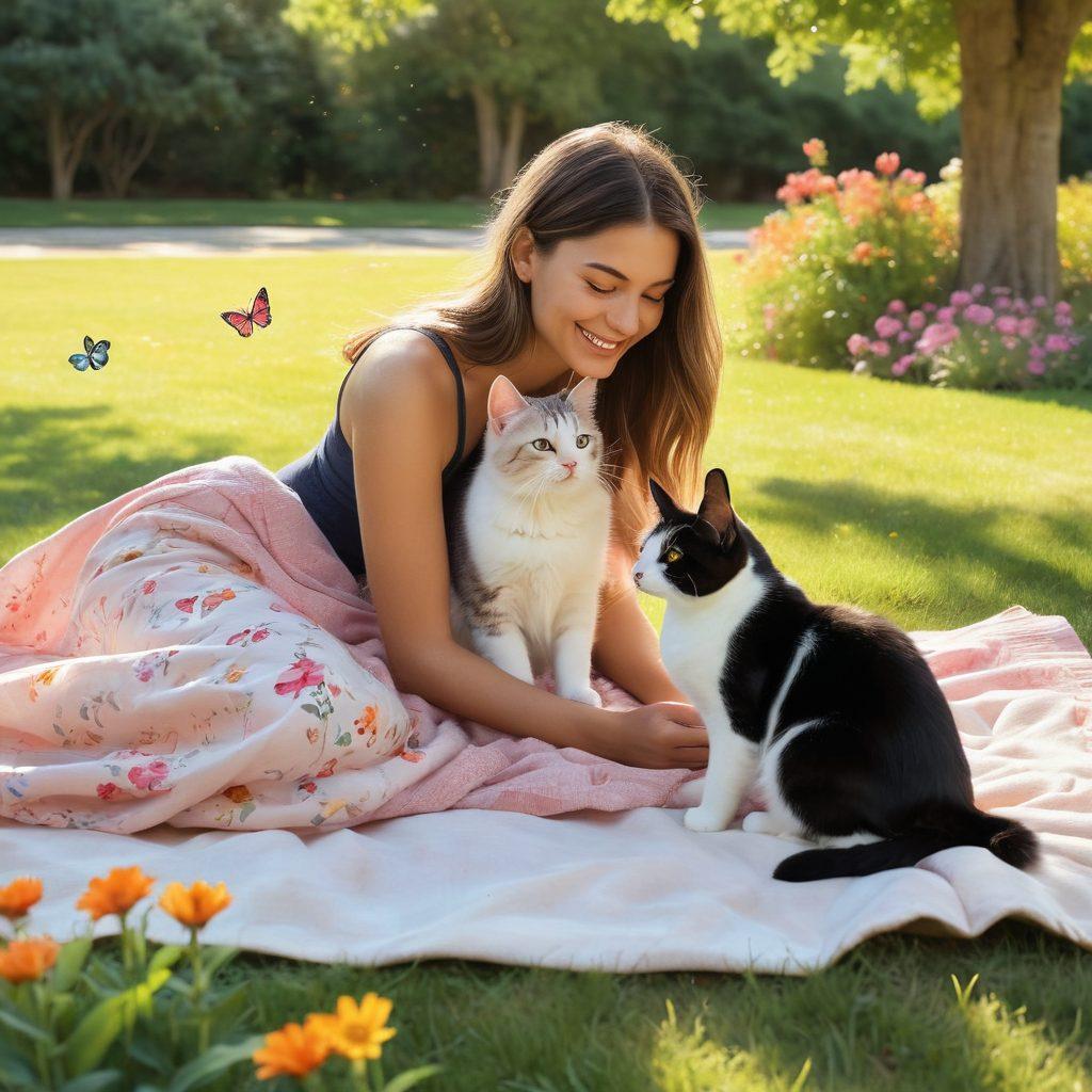A heartwarming scene of a person lovingly playing with a dog and a cat in a sunlit park, showcasing the bond of friendship. Surround them with colorful flowers and playful butterflies to highlight joy and affection. Include thoughtful elements like a pet care book nearby and a cozy blanket on the grass, symbolizing loving care. soft pastel colors. super-realistic. warm lighting.